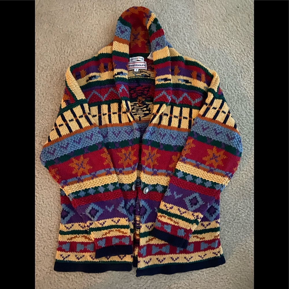 Southwestern small handknit shawl collar open cardigan